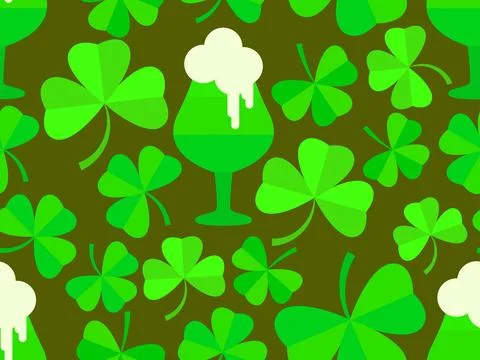 Seamless pattern with clover leaves and glasses of beer for St. Patrick's D.. Stock Illustration
