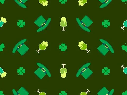 Seamless pattern with clover leaves, glasses of beer and leprechaun hat for.. Stock Illustration