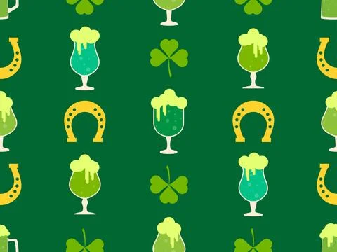 Seamless pattern with clover leaves, glasses of beer and horseshoe for St. .. Stock Illustration
