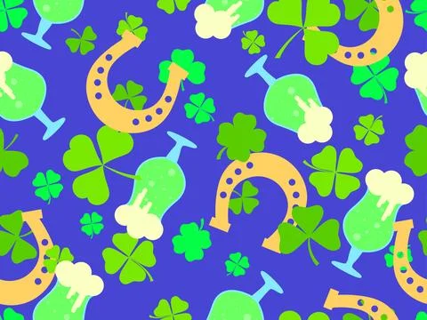 Seamless pattern with clover leaves, glasses of beer and horseshoes for St... Stock Illustration