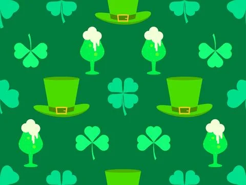 Seamless pattern with clover leaves, glasses of beer and leprechaun hat for.. Stock-Illustration
