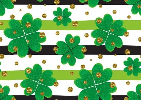Seamless pattern with clover leaves, gold glitter textured circles on the str Stock Illustration
