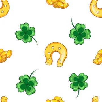 Seamless pattern with clover leaves, golden horseshoe, for st. patricks day Stock Illustration