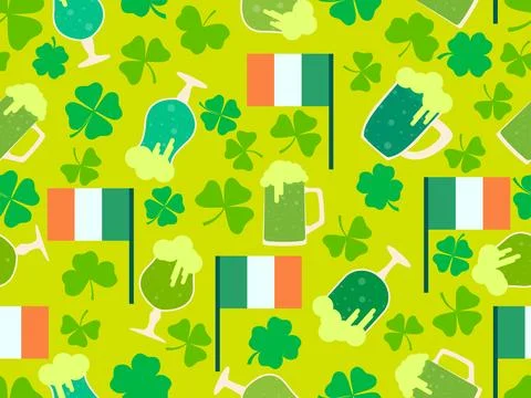 Seamless pattern with clover leaves, Irish flag and glasses of beer for St... Stock Illustration