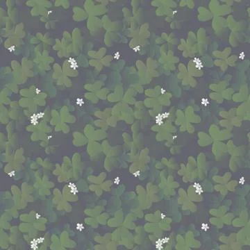 Seamless pattern, clover leaves with white flowers on dark gray background Stock Illustration