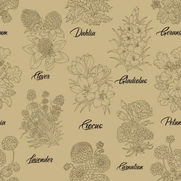 Seamless pattern with Clover, Petunia, Lavender, Gladiolus Stock Illustration