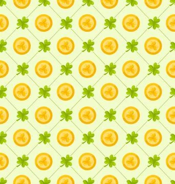 Seamless Pattern with Clovers and Golden Coins for St. Patricks Stock Illustration