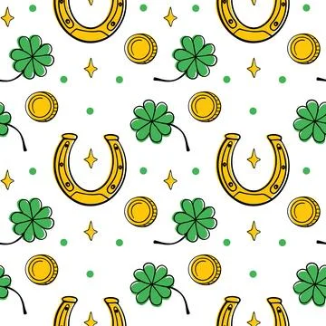 Seamless pattern of clovers, gold coins and horseshoe Stock Illustration