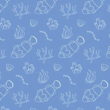 Seamless pattern with clownfish and coral in a linear style on a blue background Stock Illustration