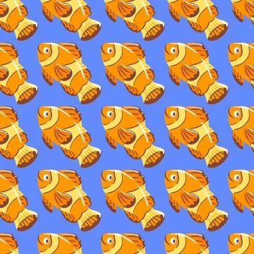 Seamless pattern of a clownfish showcases its striking orange and white str.. Illustrazione stock