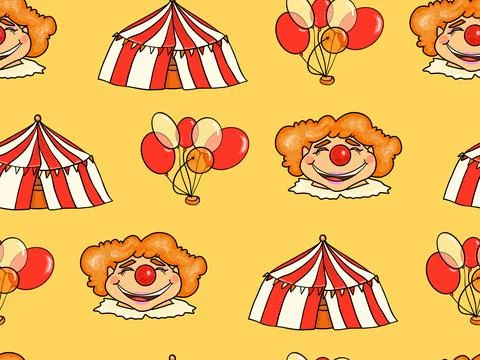 Seamless pattern with clowns, circus, balloons. Stock Illustration