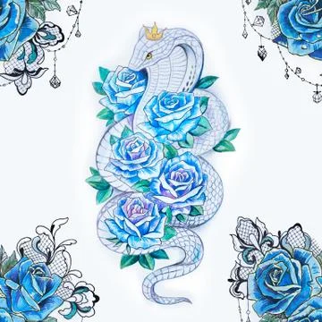 Seamless pattern of cobra in flowers and rose branches on a white background. Stock Illustration