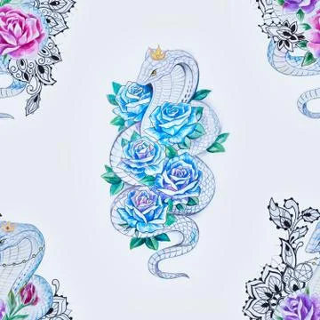 Seamless pattern of cobra in roses on a white background. Stock Illustration