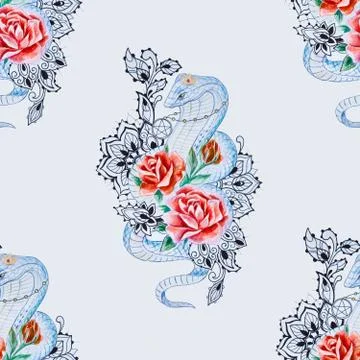 Seamless pattern of cobra in roses on a white background. Illustrazione stock