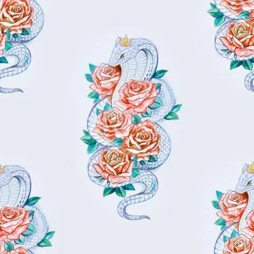 Seamless pattern of cobra in roses on a white background. Stock Illustration