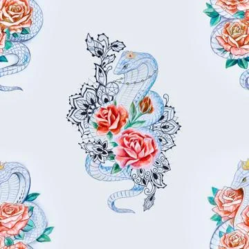 Seamless pattern of cobra in roses on a white background. Stock Illustration