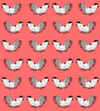 Seamless pattern with cocks on a red background Stock Illustration
