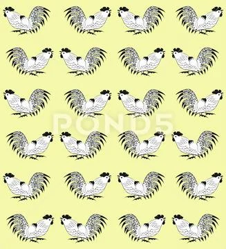 Seamless pattern with cocks on a yellow background Stock Illustration