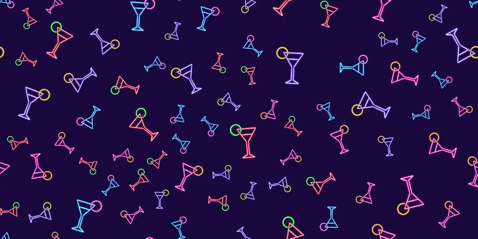 Seamless pattern cocktail bar glowing desktop icon, neon sticker, neon cocktail Stock Illustration