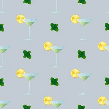 Seamless pattern cocktail garnished with lemon slice and mint. Stock Illustration