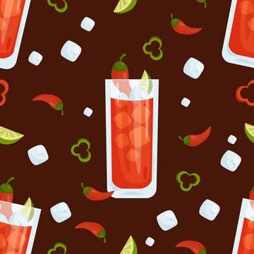 Seamless pattern with cocktail. Mexican Vampiro in glass with ice cubes, ch.. Stock Illustration