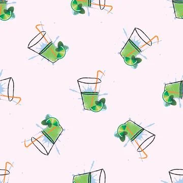 Seamless pattern of cocktail Mojito with mint and slice of lime Stock Illustration