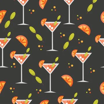 Seamless pattern with cocktail, orange, olive, ice Stock Illustration