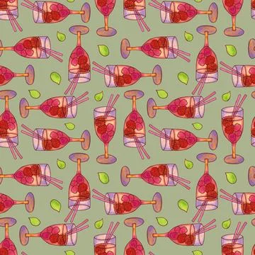Seamless pattern with cocktails on a green background. Cocktail with berries. Stock Illustration