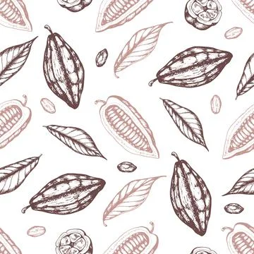 Seamless pattern with cocoa beans and leaves Stock Illustration