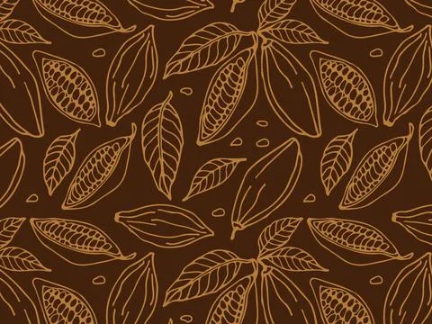 Seamless pattern with cocoa beans and leaves. Chocolate cocoa beans. Hand drawn Illustrazione stock