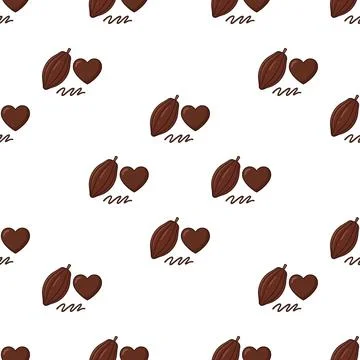 Seamless pattern with cocoa beans and chocolate hearts for bakery and pastr.. Stock Illustration