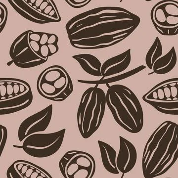 Seamless pattern of cocoa beans, branches and leaves Illustrazione stock