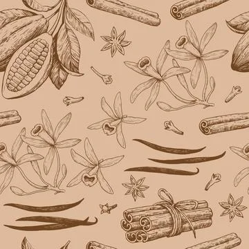 Seamless pattern with cocoa beans, cinnamon and vanilla. Hand-drawn monochr.. イラスト素材