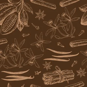 Seamless pattern with cocoa beans, cinnamon and vanilla. Hand-drawn monochr.. Stock Illustration