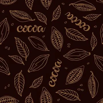 Seamless pattern with Cocoa beans, cocoa leaves, cocoa lettering. Hand drawn Illustrazione stock