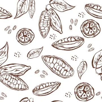 Seamless pattern with cocoa pods, beans and leaves. 库存插图