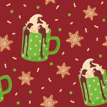Seamless pattern. Cocoa with whipped cream, hot chocolate and marshmallows... Stock Illustration