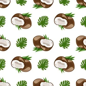 Seamless pattern with coconut and palm leaves Stock Illustration