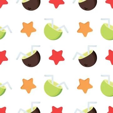 Seamless pattern of coconut fruit and starfish on a beach theme Illustrazione stock