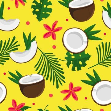 Seamless pattern coconut half with tropical green leaves and flowers Vector i Stock Illustration