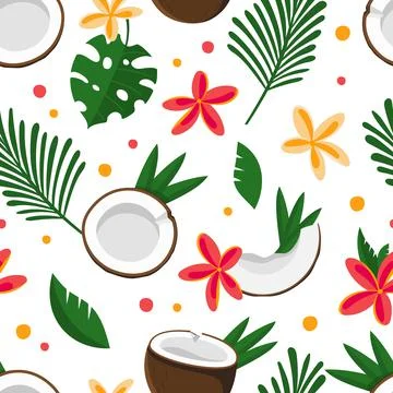 Seamless pattern coconut half with tropical green leaves and flowers Vector i Illustrazione stock