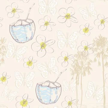 Seamless pattern with coconut nut palm trees and flowers. Illustrazione stock
