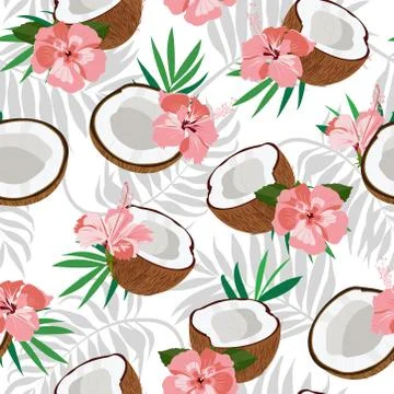 Seamless pattern coconut piece and palm leaves with pink hibiscus, Vector ill Stock Illustration