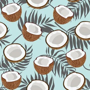 Seamless pattern coconut piece and palm leaves on blue background, Vector ill Illustrazione stock