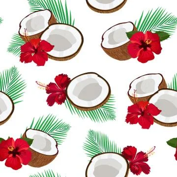 Seamless pattern coconut piece and palm leaves with red hibiscus, Vector illu Stock Illustration