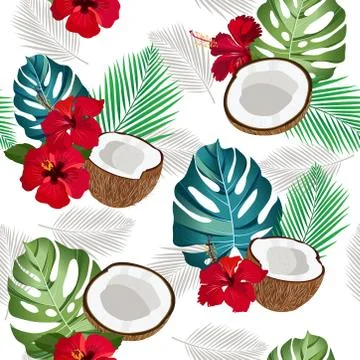 Seamless pattern coconut piece and palm leaves with red hibiscus, Vector illu Stock Illustration