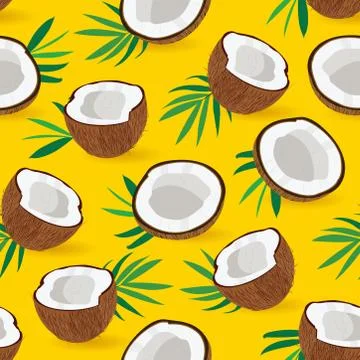 Seamless pattern coconut piece on yellow background, Vector illustration Illustrazione stock