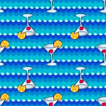 Seamless pattern with coctail drinks and sea Stock Illustration