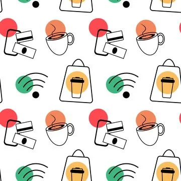 Seamless Pattern with Coffee and Contactless Payment Icons Coffee shop or Take Illustrazione stock