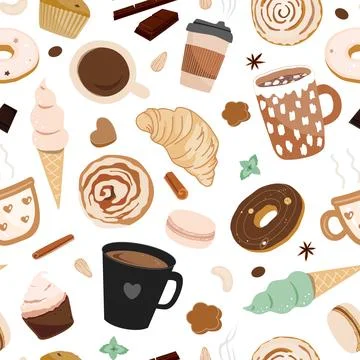 Seamless pattern coffee and dessert on white background. Donuts, macarons Illustrazione stock